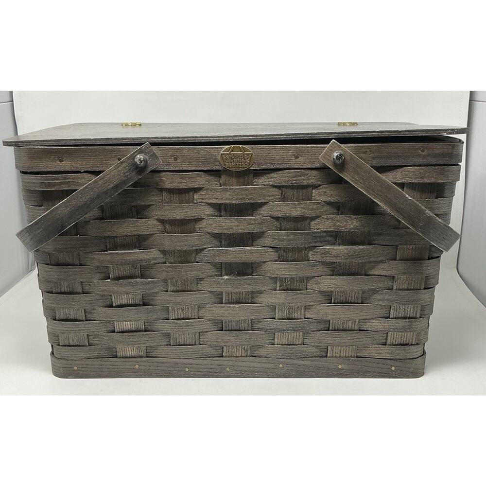 Large Vintage Peterboro Basket Co. Handwoven Picnic Basket w/Hinged Lid, Handles